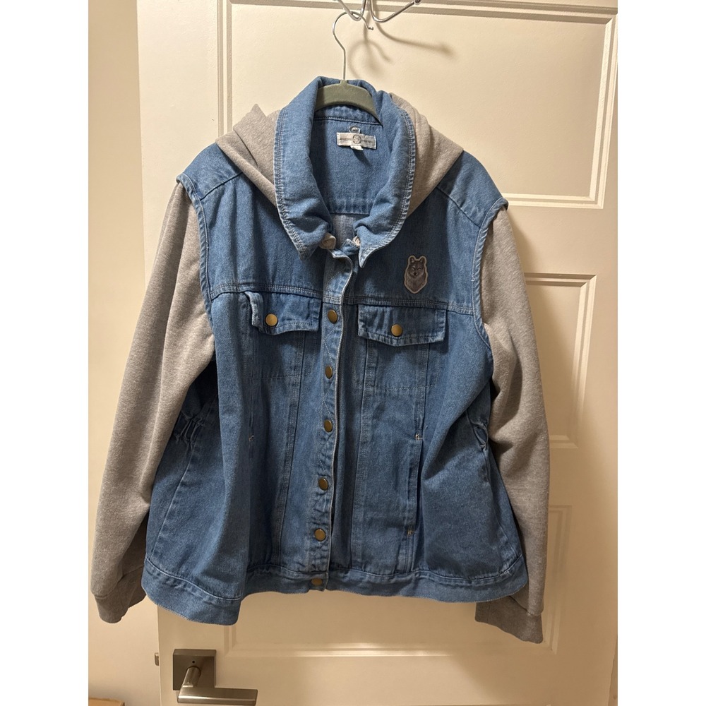 Bradford Exchange Wolf Denim Jacket Hooded Mixed Media Blue Grey 2X